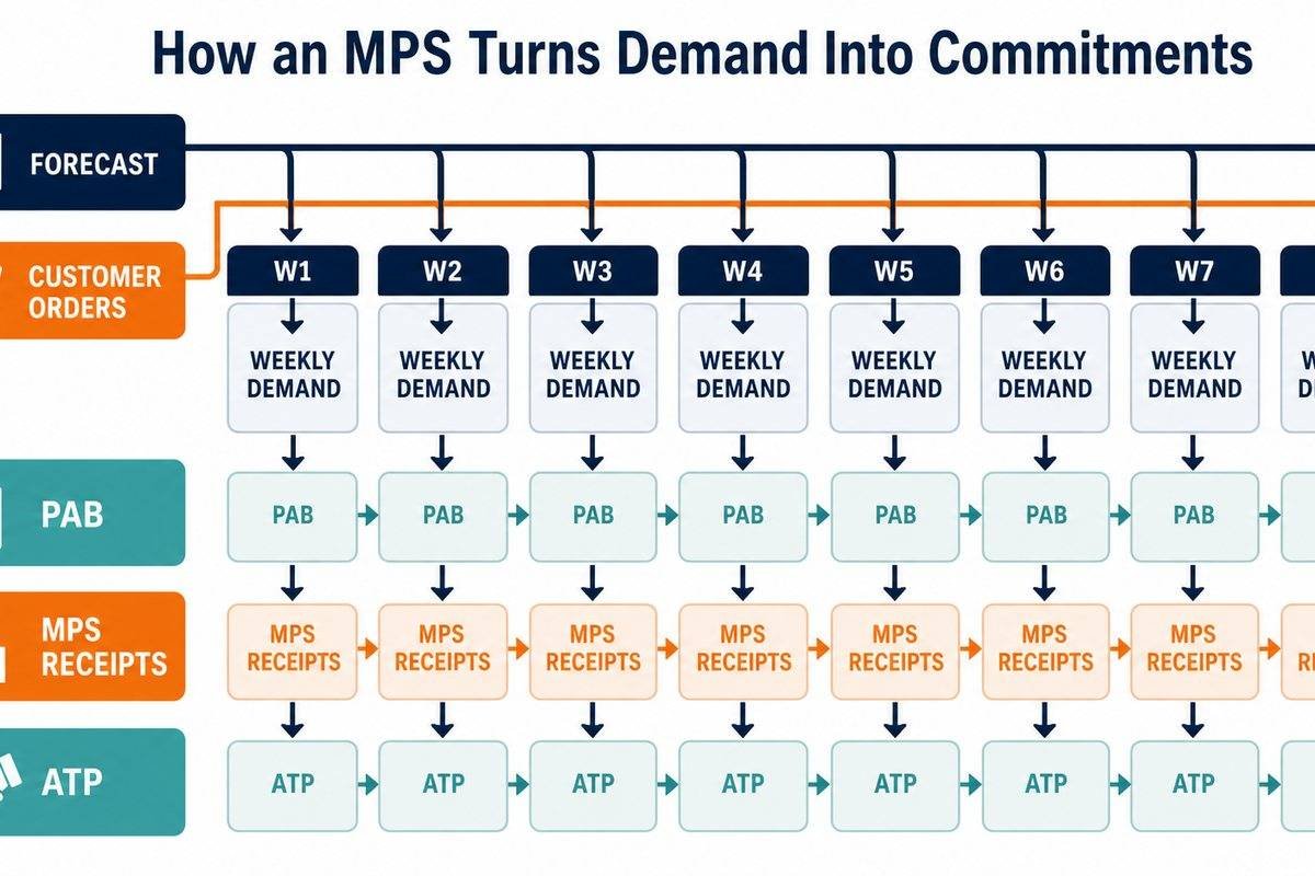 Eight-week MPS flow from forecast and customer orders to PAB, MPS receipts, and ATP