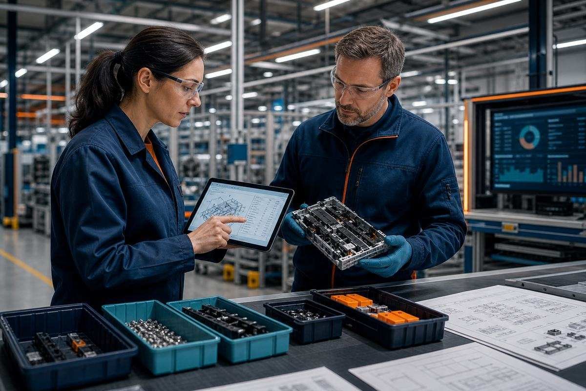 Engineer and technician verifying a physical assembly against a controlled BOM