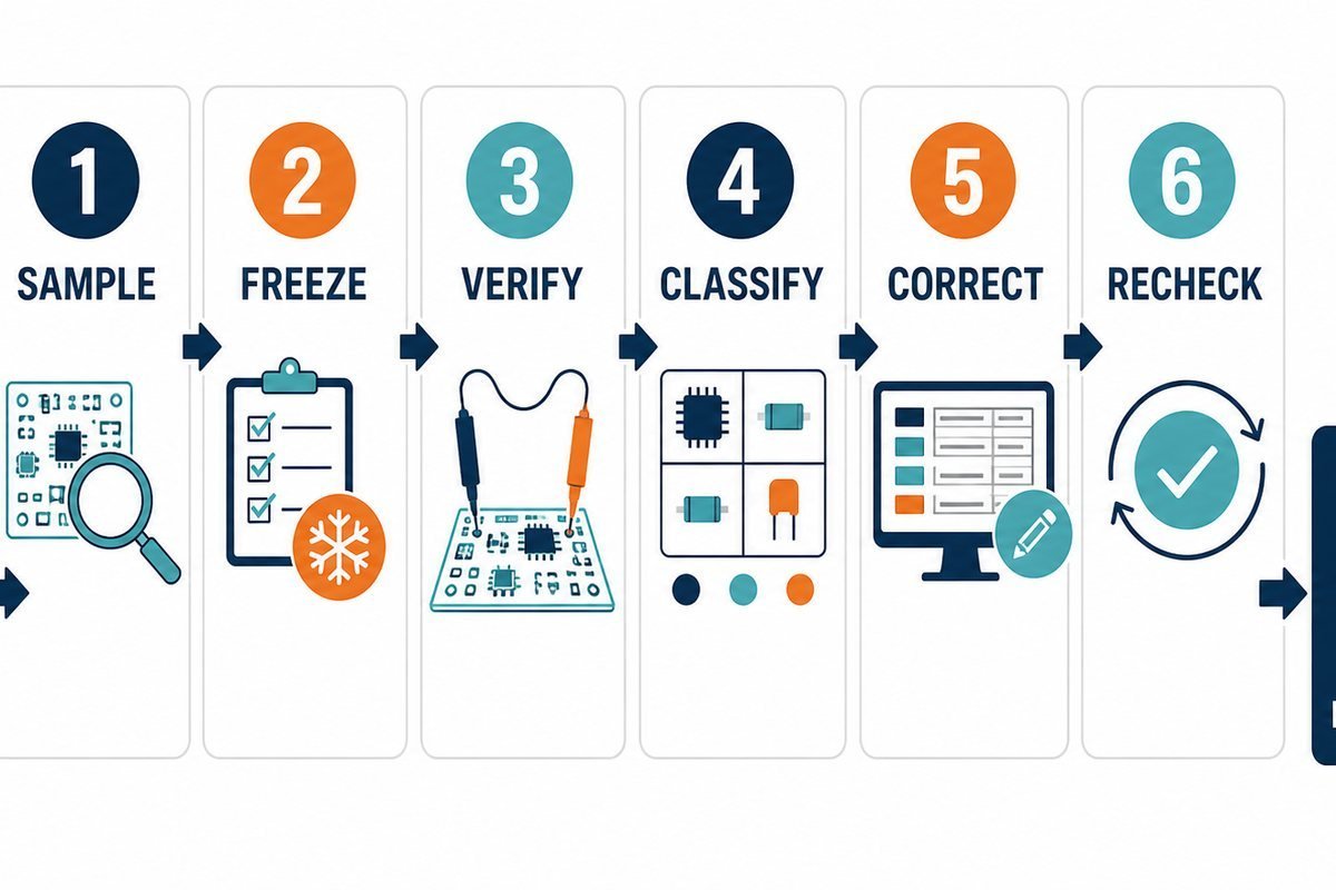 Six-step BOM accuracy audit workflow from sampling through recheck
