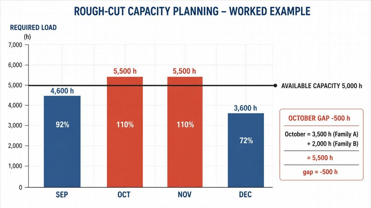 RCCP worked example comparing monthly required hours against 5,000 hours of available capacity