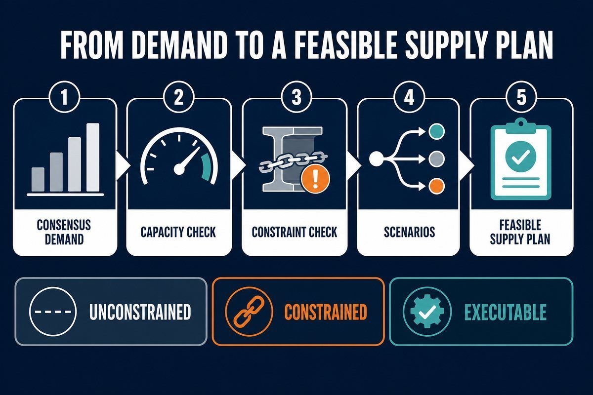 supply review flow from consensus demand through constraints and scenarios to a feasible plan