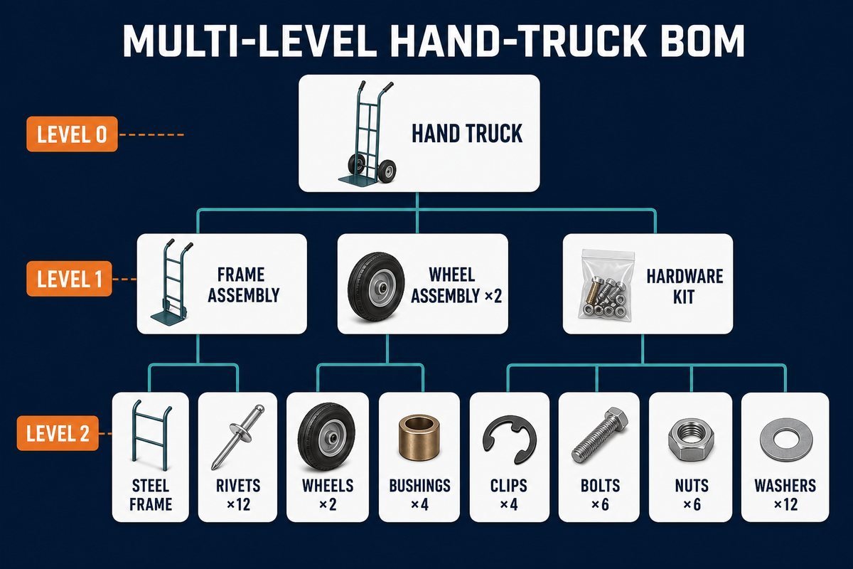 multi-level hand-truck BOM showing frame, wheel, and hardware components by level