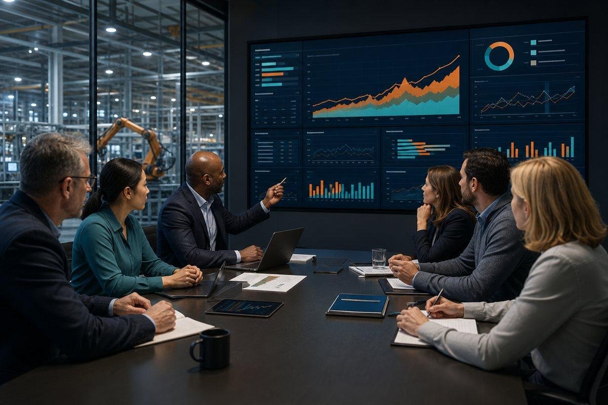 Cross-functional integrated business planning meeting with operations, finance, commercial, and portfolio leaders